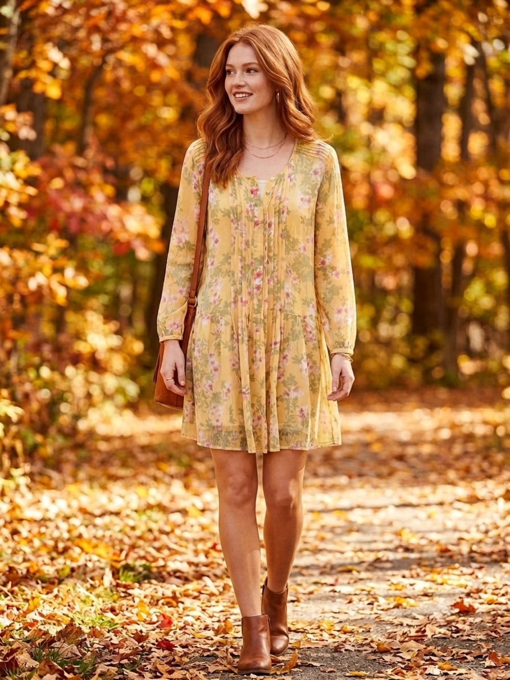 Sundance Yellow Silk Floral Pleated Mini Dress